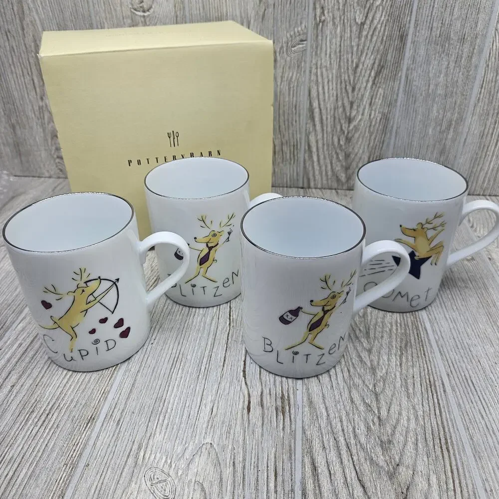 Pottery Barn Reindeer Mugs Set of 4 Comet Cupid Double Blitzen Christmas Boxed